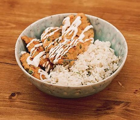 Vegan patties with coriander rice at We Create Food in Lisbon