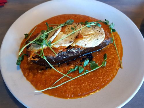 Stuffed eggplant with vegan cheese at REDwater Kitchen in Spearfish