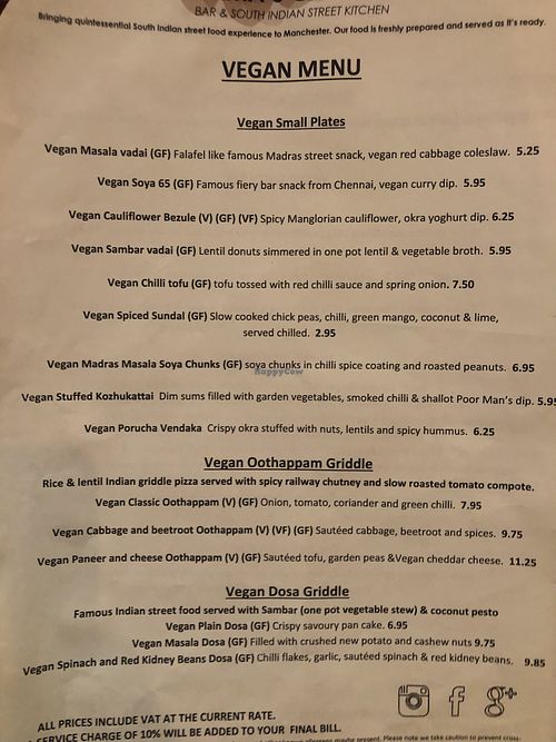  Vegan menu and what I ordered  at Amma's Canteen in Manchester