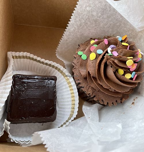Chocolate truffle brownie and vanilla cupcake with fudge frosting   at Rheinlander Bakery in Arvada