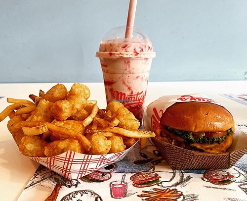 Fries & Tots, strawberry shake, double cheeseburger   at Monty's Good Burger - Echo Park in Los Angeles