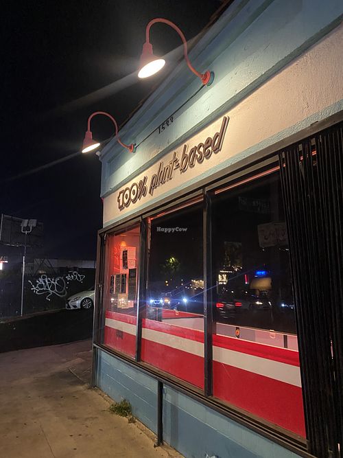 100% Plant-Based signage  at Monty's Good Burger - Echo Park in Los Angeles