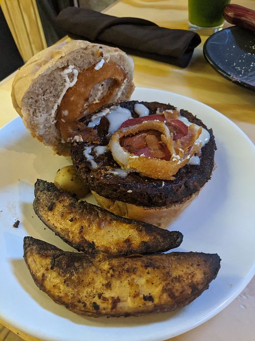 Fries and burger at Vegan Inc in Guadalajara
