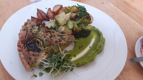 Leek, pea, spinach and cashew mousse tart at Goji Vegetarian Cafe and Deli in York