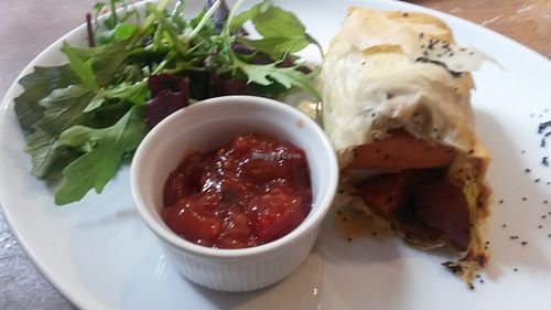 Sweet potato bolek with tomato chutney and side salad at Goji Vegetarian Cafe and Deli in York
