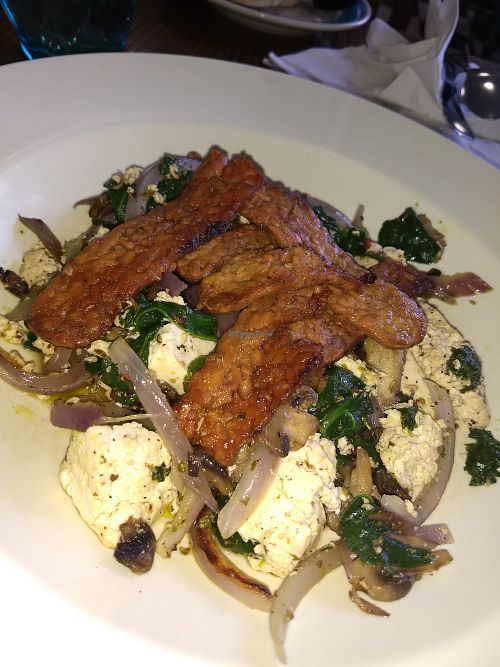 Vegan scrambled tofu with veg and tempeh bacon at Claire's Corner Copia in New Haven
