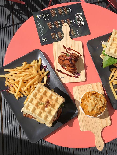 Waffle burger, Mac n cheese, jack balls  at Rogue Vegan  in East London
