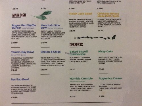 The menue as of December 2019 at Rogue Vegan  in East London