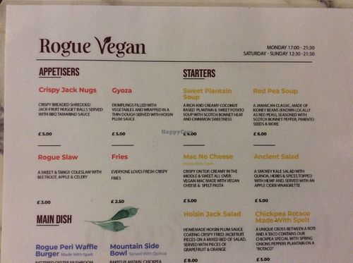 The menue as of December 2019 at Rogue Vegan  in East London