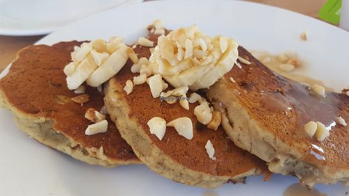 Vegan banana nut pancakes at Russell's by Eat Healthy Kauai in Wailua