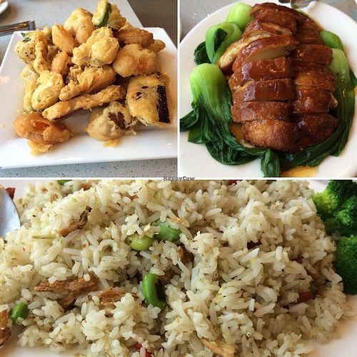 Veggie tempura, veggie duck in plum sauce and lemongrass rice at King's Cafe in Toronto
