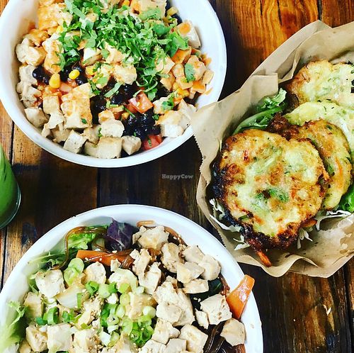 Joe’s special, burrito bowl, veggie pancakes  at Namu in Durham