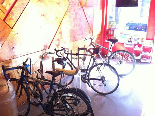 Cool indoor bike rack. at Samba Rock Acai Cafe in Santa Cruz