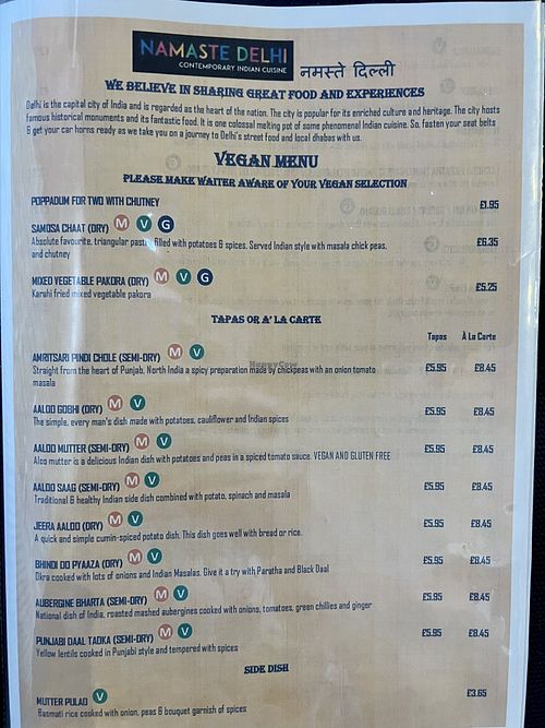 Vegan menu  at Namaste Delhi in Aberdeen