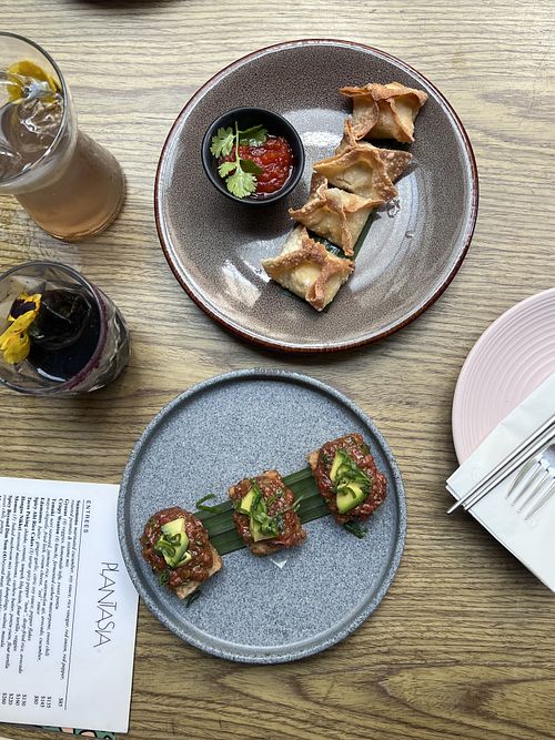 Crispy wonton and  Spicy Ahi Rice Cakes  at Plantasia in Mexico City