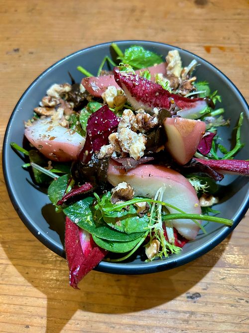Pear & chicory salad, walnut ketchup at The Vineyard in Tunbridge Wells