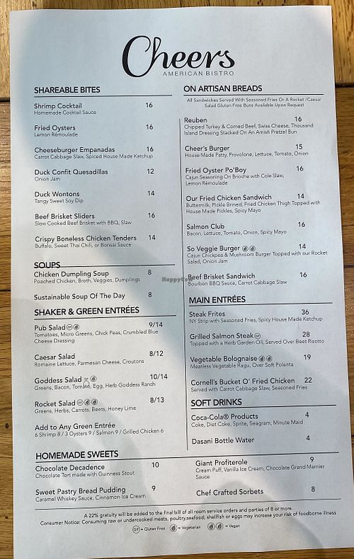 Lunch menu at Cheers American Bistro in Reading