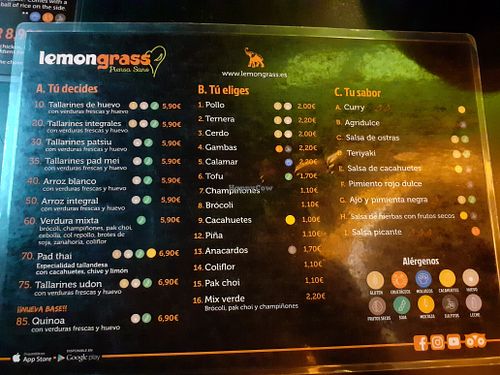 Menu at Lemongrass - Ribera in Valencia