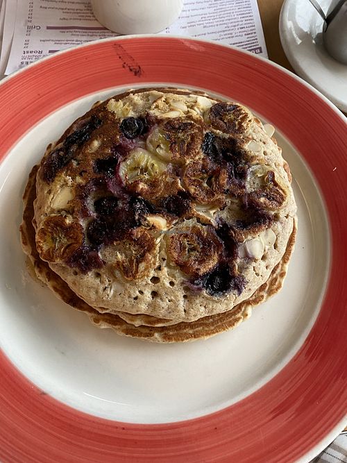 Vegan protein pancakes with almonds, bananas & blueberries   at Lantern Diner in West Hempstead