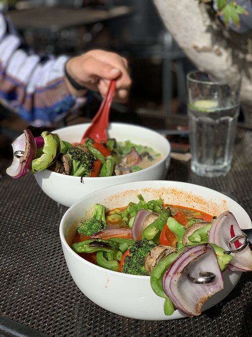 The Spicy Tomato and Veggie Miso Ramens with Rice Noodles at Kuma in Los Osos