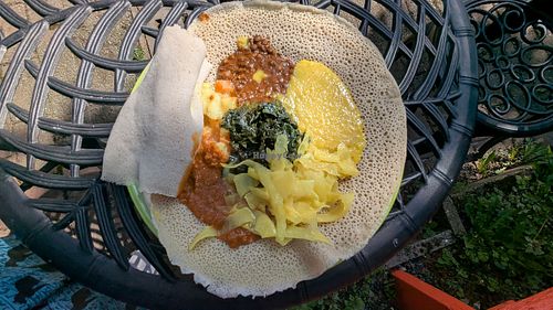 Vegan plate at Messob Ethiopian Cuisine in Victoria