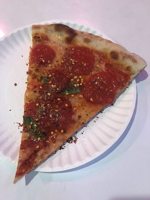Vegan cheese slice with extra marinara on top. That’s marinara on top, not pepperoni. Not sure if they offer vegan pepperoni   at Scarr's Pizza in New York City