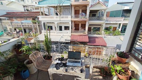 The view from the rooftop lounge (and my mobile office) at Sacred Lotus Cafe in Phnom Penh