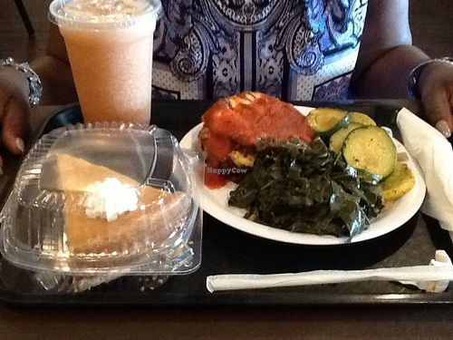Sweet potato cheesecake, eggplant Parmesan, collard greens, squash medley
 at NuVegan in Washington