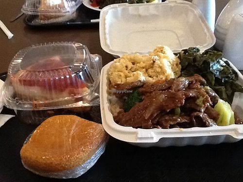 Mac & cheese, beef & broccoli over brown rice'  collard greens,  cornbread, strawberry cheesecake... at NuVegan in Washington