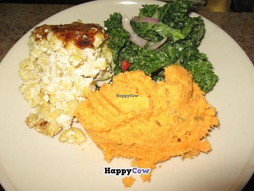Macaroni and vegan cheese, carrot salad, and kale salad at Woodlands Vegan Bistro, Washington, DC at NuVegan in Washington