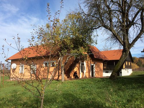 The main house in the foreground where we live and the wooden house where guests stay in the background. at Barabrith in Donji Budacki
