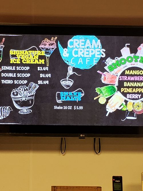 Wall menu at Cream & Crepes Cafe in Richardson