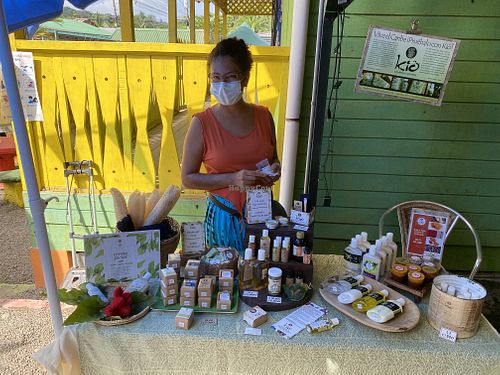 The manager of the market and her natural cosmetic stall   at Farmers' Market in Puerto Viejo De Talamanca