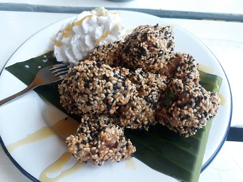 New dessert dish, sesame tots with coconut whipped cream at Free Bird Cafe in Chiang Mai