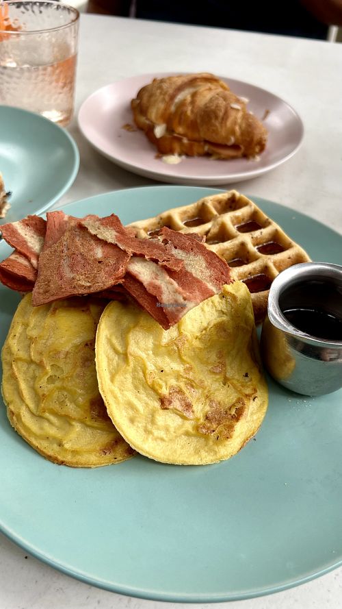 Waffles with vegan egg and baconn  at Oh My Days in Glebe