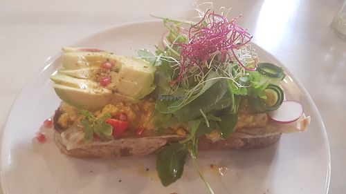 Melted not cheese, tomato, scrambled tofu, avocado, dukkah and watercress toast at Mama Carmen's Coffee & Bakery in Mallorca