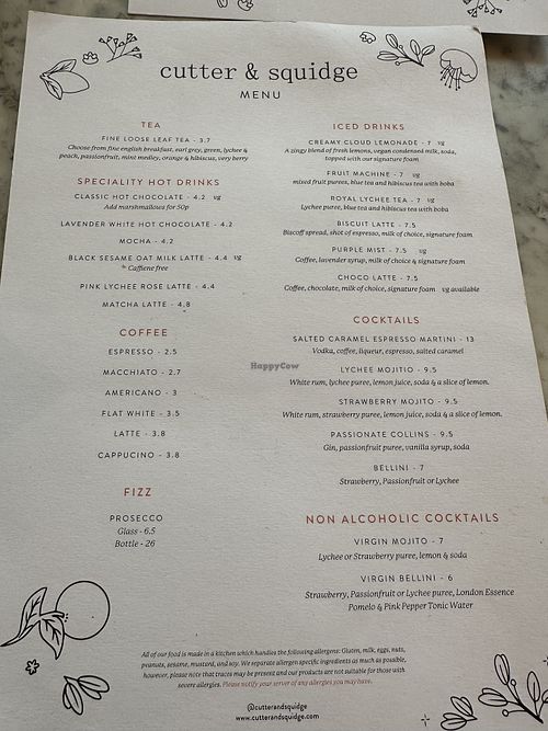 Menu  at Cutter & Squidge in London