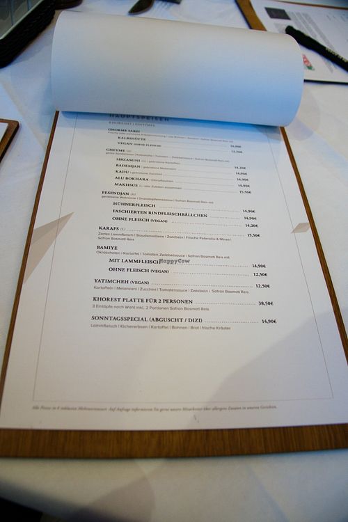 One page of the menu at Arezu at Arezu in Vienna