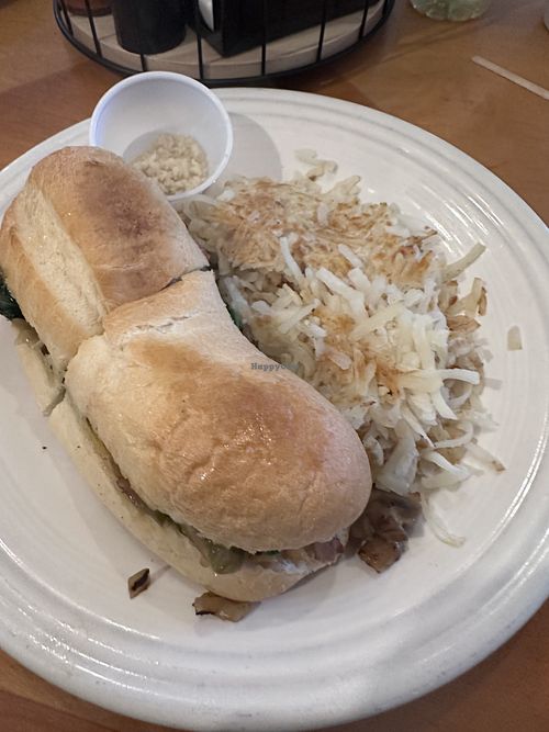 Mushroom Philly sandwich with no oil hashbrowns  at Sippin Cow in Bluffton