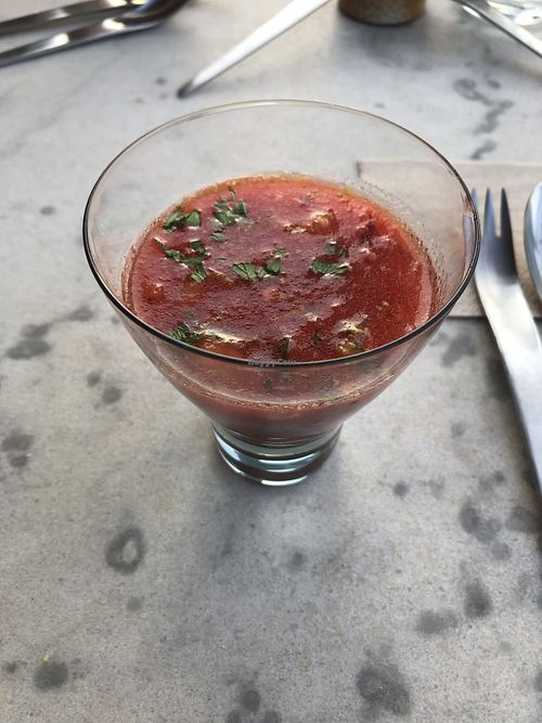 Watermelon gazpacho   at Studio Vert  in Laroque-des-alberes