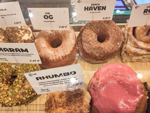 Donuts on display at Boneshaker Doughnuts in Paris