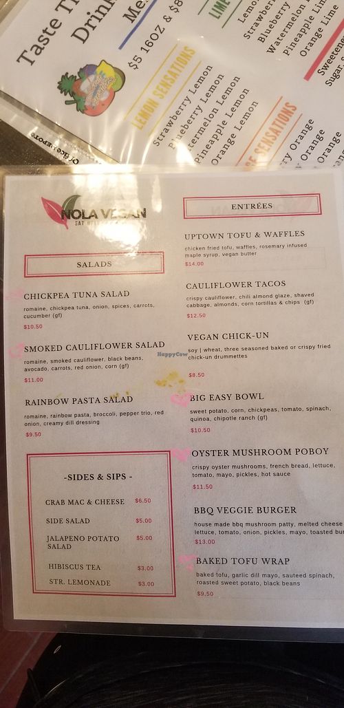 Menu at Nola Vegan in New Orleans