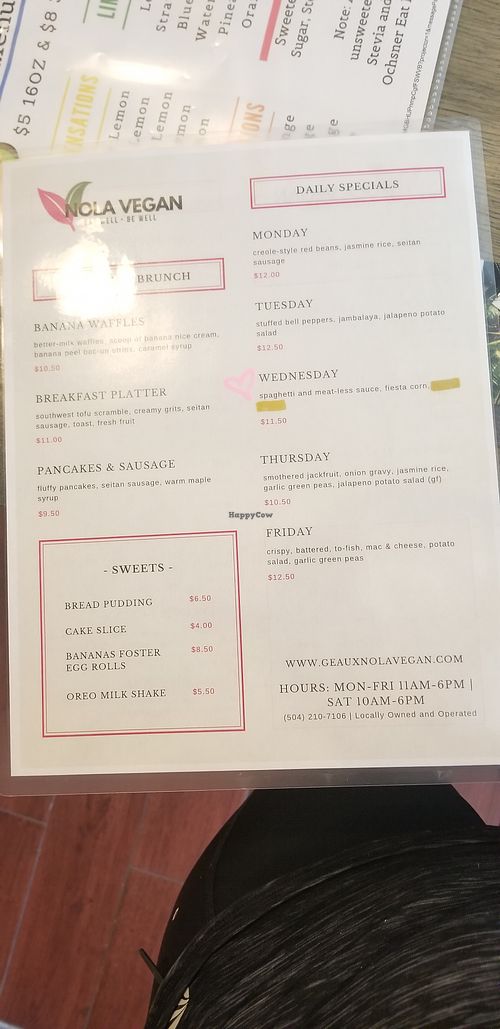 Menu at Nola Vegan in New Orleans