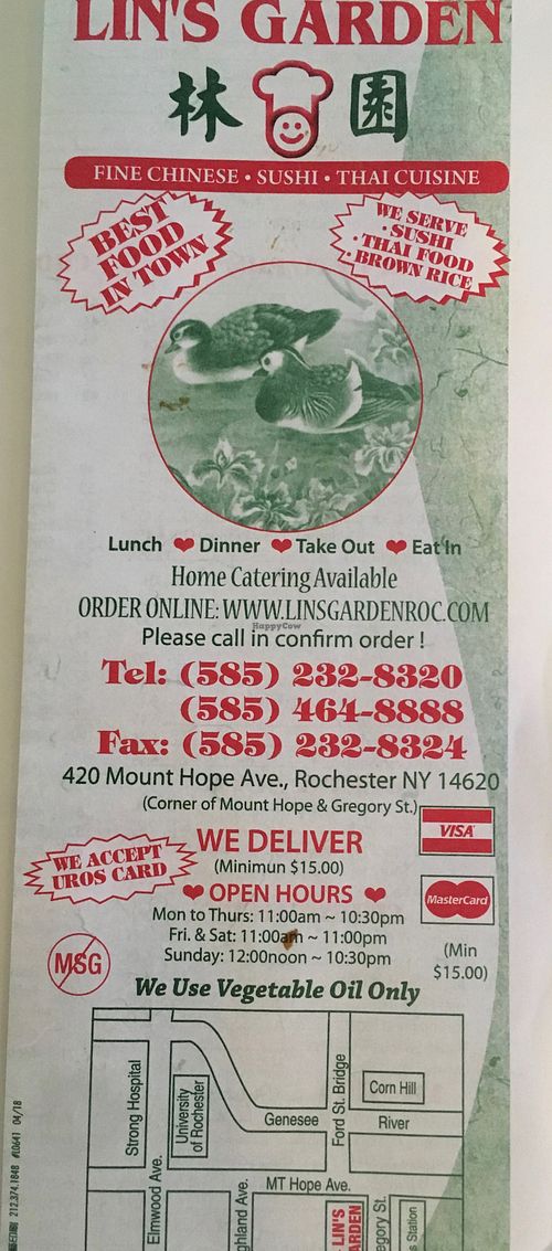 Front of menu at Lin's Garden in Rochester