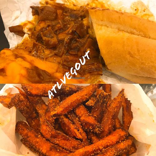 Bbq jackfruit sub and sweet potato fries at Veggie Busters in Atlanta