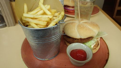 Chicken burger and fries at VBites in Brighton