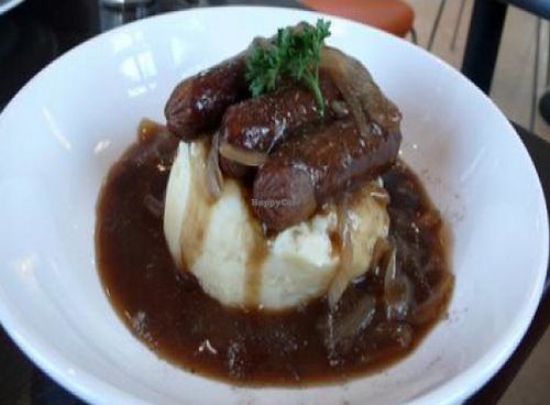 Soya bangers and mash with onion gravy at VBites in Brighton