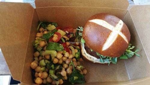 Coastal burger with chickpea salad at Larry's Market in North Vancouver