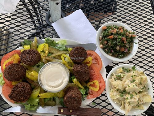 Falafel combo comes with 2 veggie sides (I chose tabouleh and artichokes). Not pictured: Basket of warm pita bread. This was easily enough food for 2 people!  at Cedar's Mediterranean Grill in Stroudsburg