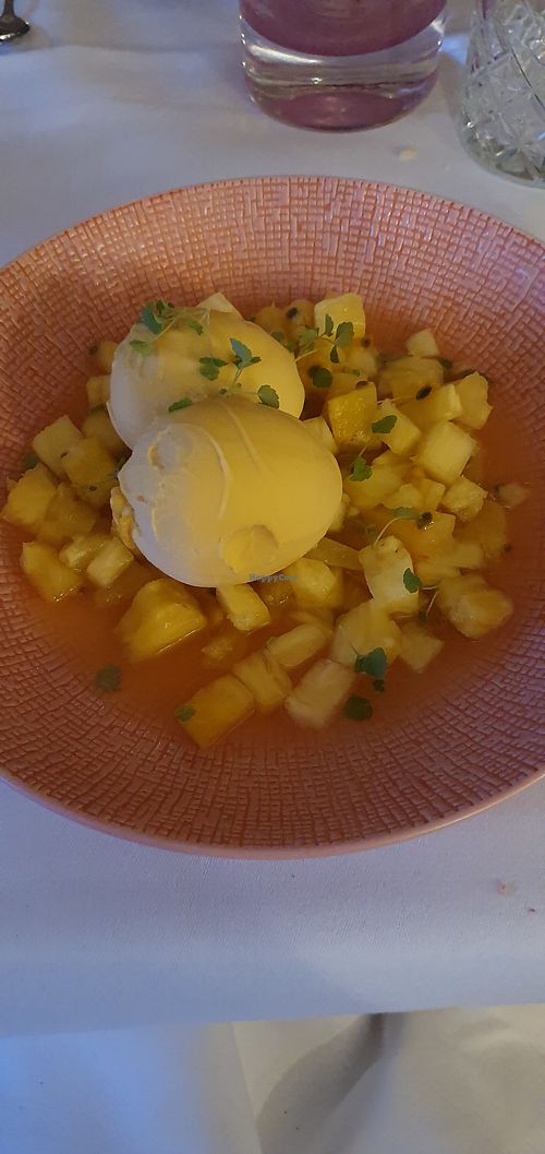 Marinated pineapple mango sorbet  at Van der Valk in Goes